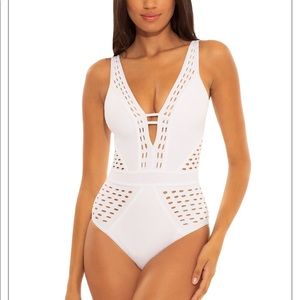 Becca Show & Tell Plunge One Piece Swim Suit, White, Large